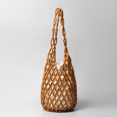 Buddha Stones Hand-woven Wooden Beads Bucket Shoulder Bag Handbag Handbags BS Brown 16.5*16.5*36cm