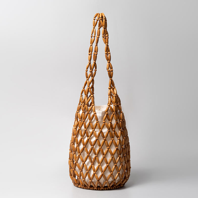Buddha Stones Hand-woven Wooden Beads Bucket Shoulder Bag Handbag Handbags BS Brown 16.5*16.5*36cm