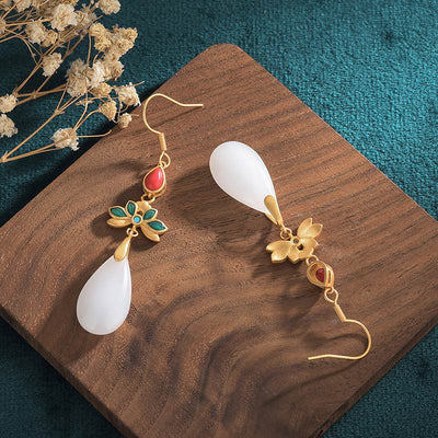 Buddha Stones FengShui White Jade Luck Drop Earrings Earrings BS 2