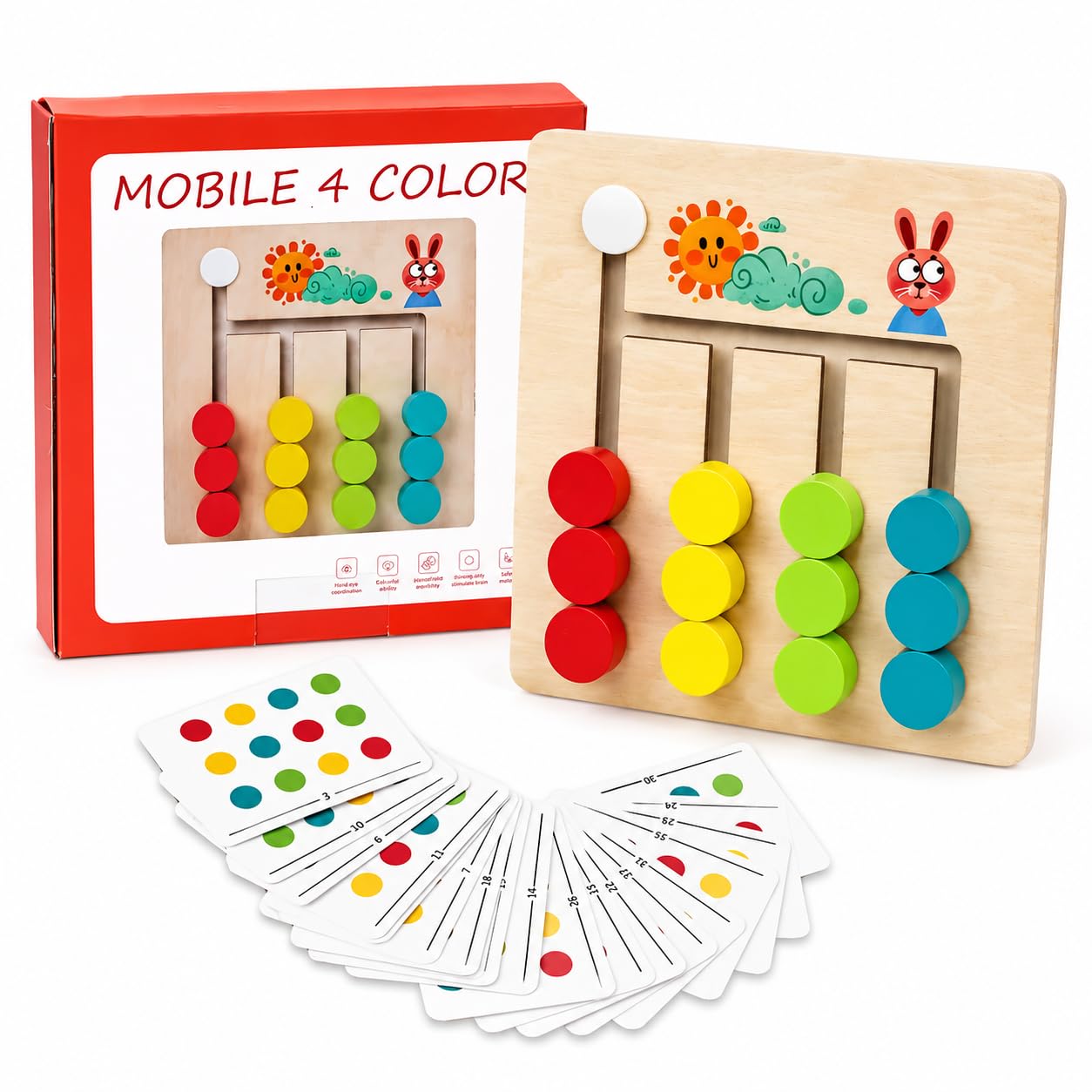 Fidtoy Small Wooden 4 Colour Logic Game for Kids Ages 3+, Compact Wooden Maze Puzzle with Sliding Shapes, Color Matching, Fine Motor Play and Problem Solving Learning Board