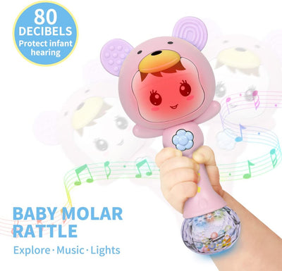 Fidtoy Light Up Musical Baby Rattle Teether Toy – Pink Sensory Rattle with Lights, Sounds, Teething Ears, and Early Development Play