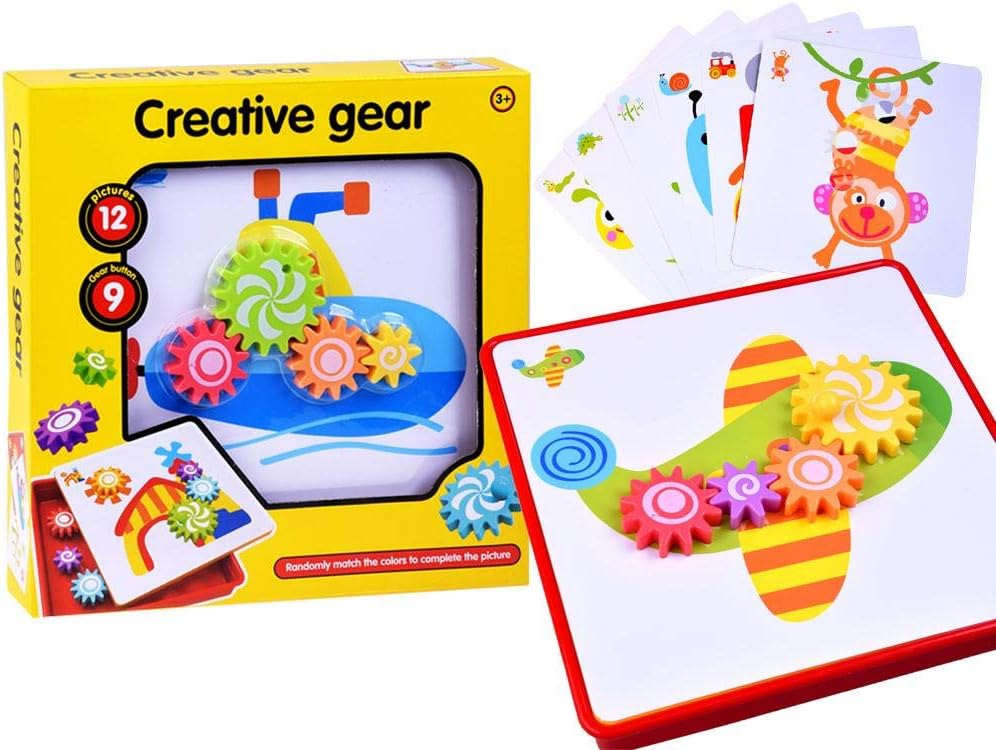 Fidtoy 2 in 1 Creative Gear Art, Plastic Gear Art Drawing Set with 9 Gear Buttons, 12 Pictures and Storage Box, Fine Motor Creative Pattern Toy Ages 3+