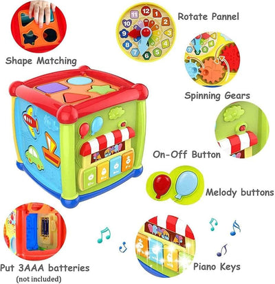 Fidtoy 6 Sided Activity Cube Toy for Toddlers Music Lights Gears Shape Sorting Learning Play