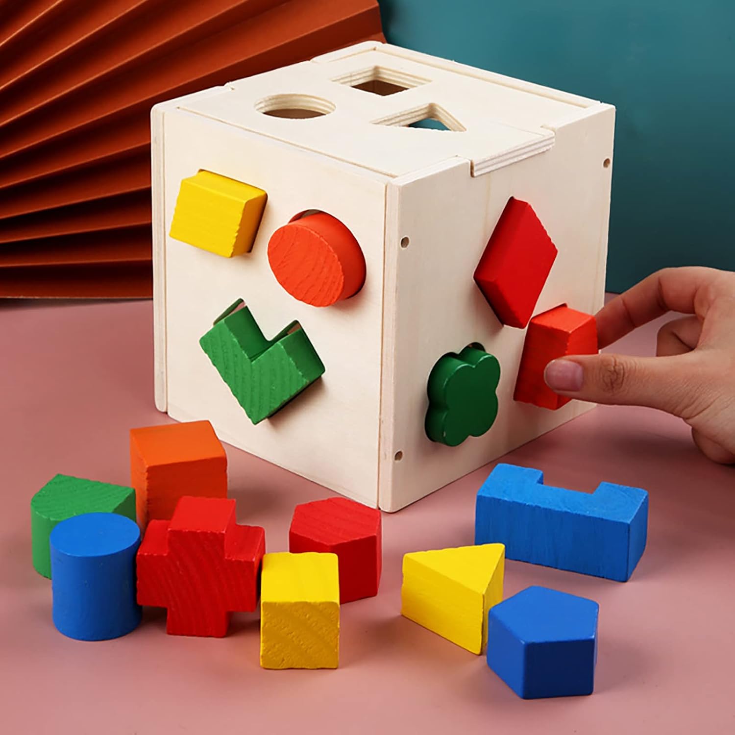Fidtoy Shape Sorting Intelligence Box 15 Pieces for Kids Ages 2-6, Wooden Shape Sorter Cube with Color Matching, Geometric Blocks, Fine Motor Play and Early Learning Puzzle Activity