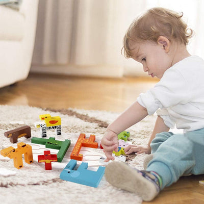 Fidtoy Wooden Animal Creative Challenge Puzzle Board for Kids | 13-Piece Animal Shape Matching Puzzle, Geometric Sorting, Stacking Blocks, Fine Motor & Problem-Solving Toy Age 2-6