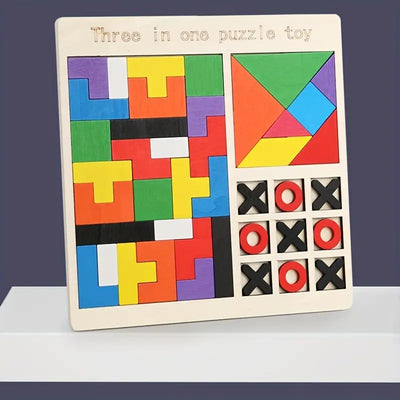 Fidtoy 3-in-1 Wooden Brainstorming Tetris and Number Learning Board for Kids, Wooden Puzzle Board with Block Puzzle, Tangram and Tic-Tac-Toe, Fine Motor and Strategy Toy Age 2–6