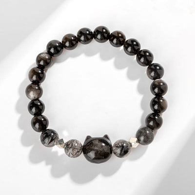 Buddha Stones Natural Silver Sheen Obsidian Cute Cat Head Protection Bracelet Bracelet BS 2