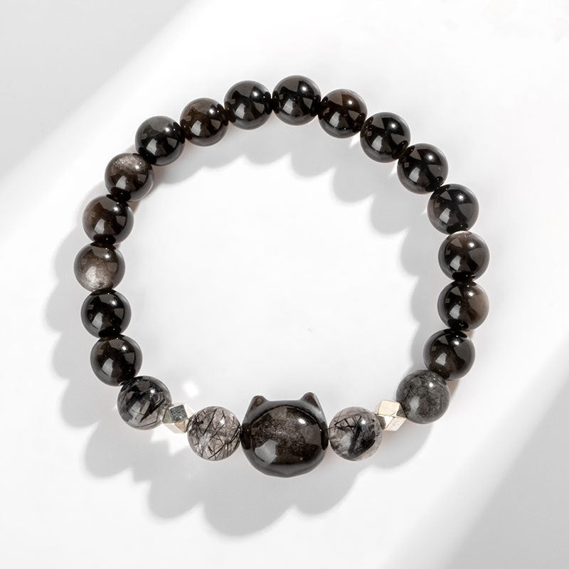 Buddha Stones Natural Silver Sheen Obsidian Cute Cat Head Protection Bracelet Bracelet BS 2