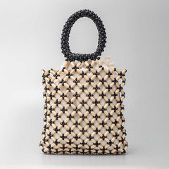 Buddha Stones Hand-woven Lozenge Wooden Beads Handbag Handbags BS Cream Yellow 23*23*2.5cm