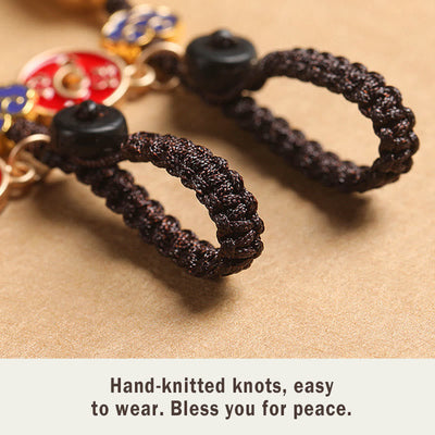Buddha Stones Ebony Wood Lucky Cat Auspicious Cloud Peace Key Chain Phone Hanging Decoration Key Chain BS 15