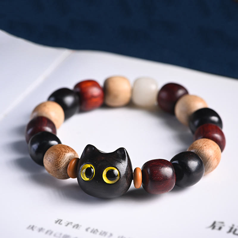 Foviel Small Leaf Red Sandalwood Ebony Wood Cute Cat Engraved Protection Bracelet