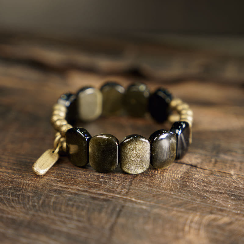 Buddha Stones Black Obsidian Gold Sheen Obsidian Strengthen Bracelet Bracelet BS Pendant Type 18cm fit for Wrist Circumference 17-17.5cm