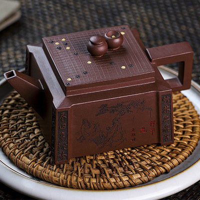 Buddha Stones Yixing All Handmade Gomoku Playing Chess Purple Clay Kung Fu Square Teapot 280ml Teapot BS 23