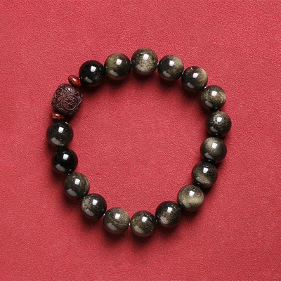 Buddha Stones Natural Gold Sheen Obsidian Rainbow Obsidian Om Mani Padme Hum Fu Character Healing Bracelet Bracelet BS 14