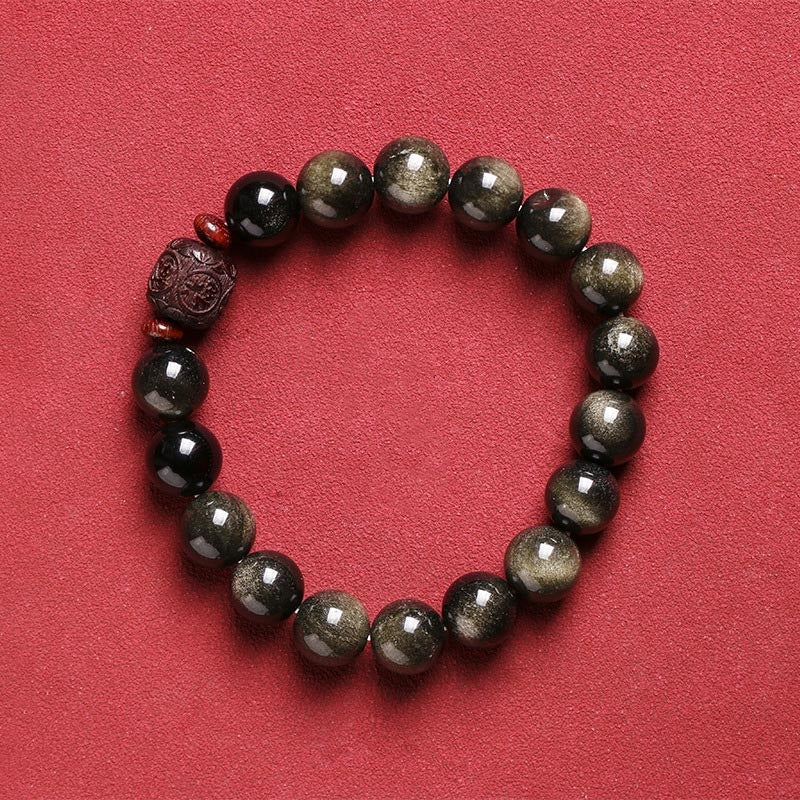 Buddha Stones Natural Gold Sheen Obsidian Rainbow Obsidian Om Mani Padme Hum Fu Character Healing Bracelet Bracelet BS 14