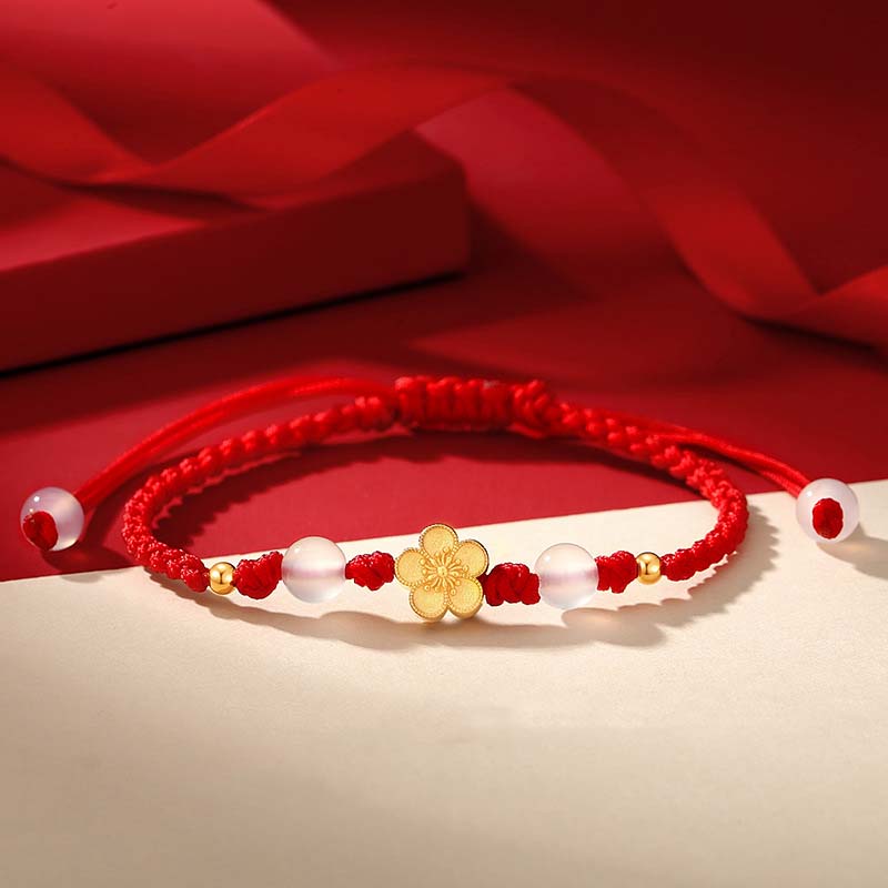 Buddha Stones Handmade 925 Sterling Silver Peach Blossom Cherry Sakura Chalcedony Bead Luck Red Rope Bracelet Bracelet BS 14-21cm