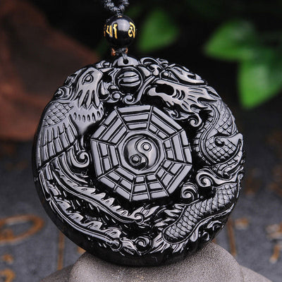 Collier pendentif Foviel Bagua Dragon Phénix en obsidienne