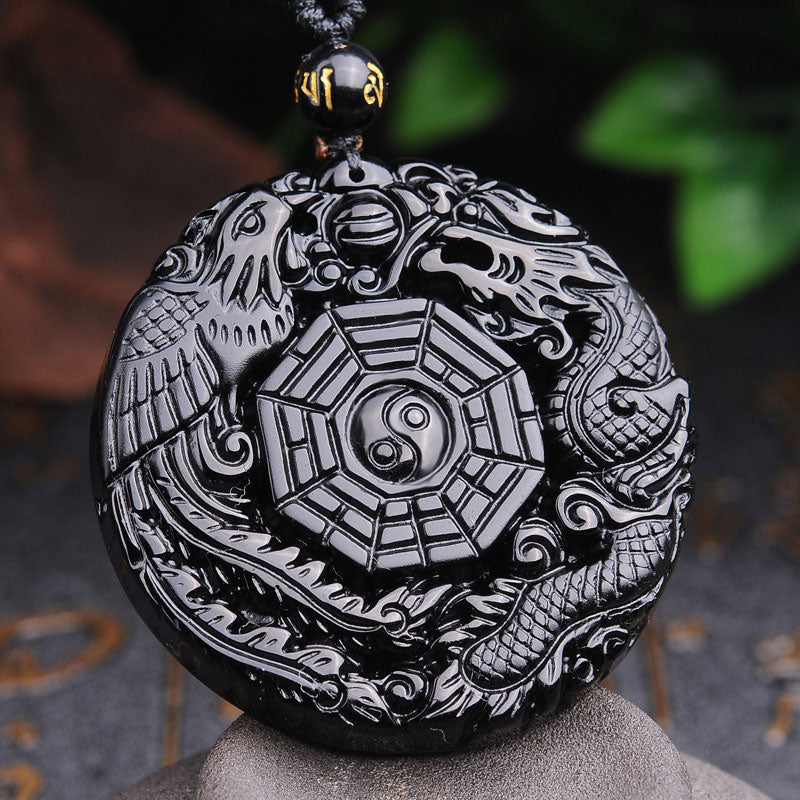 Collier pendentif Foviel Bagua Dragon Phénix en obsidienne