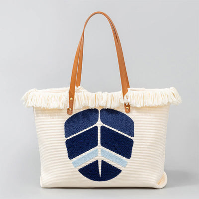 Buddha Stones Large Capacity Evil Eye Leaf Hamsa Tassel Canvas Tote Shoulder Bag Shoulder Bag BS Leaf 50*10*35cm