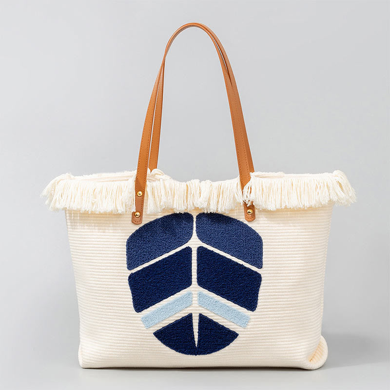Buddha Stones Large Capacity Evil Eye Leaf Hamsa Tassel Canvas Tote Shoulder Bag Shoulder Bag BS Leaf 50*10*35cm