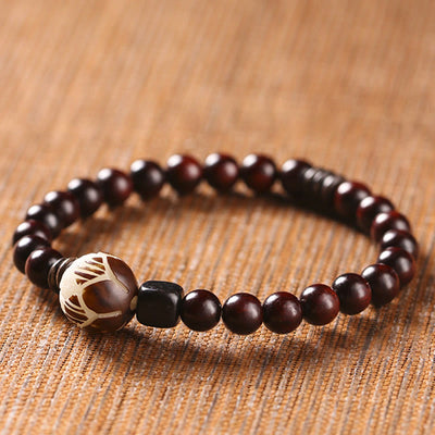 Bracelet double tour de protection Foviel en bois de santal rouge à petites feuilles et graines de Bodhi sculptées en forme de lotus