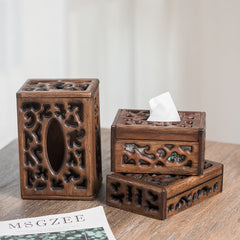 Buddha Stones Retro Wooden Tissue Box Engraved Wooden Tissue Holder Wipes Boxes Decoration Decorations BS main