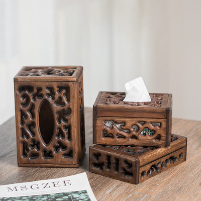 Buddha Stones Retro Wooden Tissue Box Engraved Wooden Tissue Holder Wipes Boxes Decoration Decorations BS main