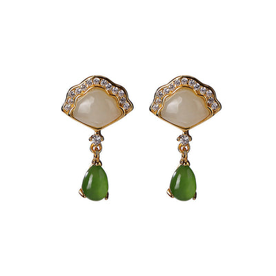 Buddha Stones White Jade Cyan Jade Fan Water Drop Pattern Luck Drop Earrings Earrings BS 7