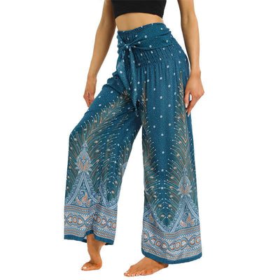 Buddha Stones Boho Peacock Feathers Lace-up Wide Leg Pants Women's Yoga Pants Women's Wide Leg Pants BS 10