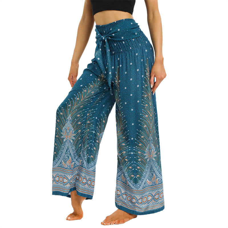 Buddha Stones Boho Peacock Feathers Lace-up Wide Leg Pants Women's Yoga Pants Women's Wide Leg Pants BS 10