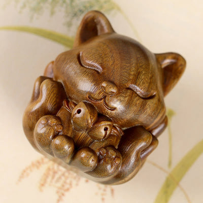 Buddha Stones Mini Nine-Tailed Fox Ivory Fruit Sandalwood Green Sandalwood Blessing Decoration Decorations BS 17