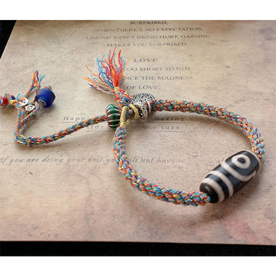 Buddha Stones Tibetan 925 Sterling Silver Om Mani Padme Hum Handmade Dzi Bead Protection Braid Bracelet Bracelet BS 12