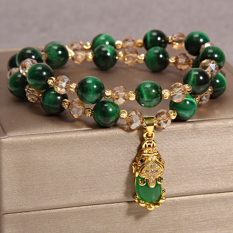 Buddha Stones Tiger Eye Pixiu Fox Money Bag Protection Self Confidence Double Wrap Bracelet Bracelet BS 9