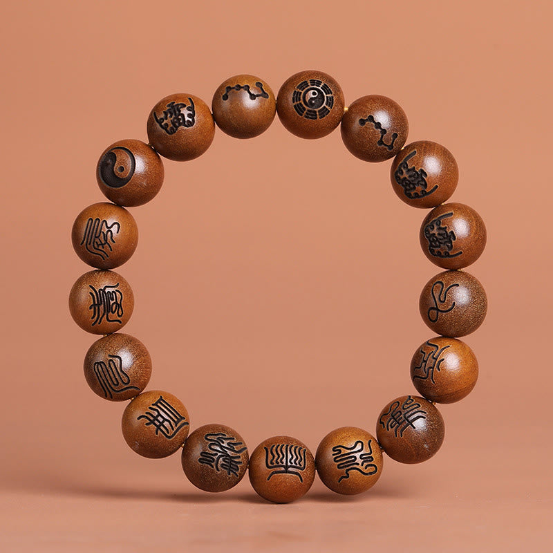 Buddha Stones Lightning Struck Jujube Wood Yin Yang Bagua Taoist Taboo Scripture Symbol Engraved Luck Bracelet Bracelet BS Taoist Scripture Symbols 12mm(Wrist Circumference 15-17cm)