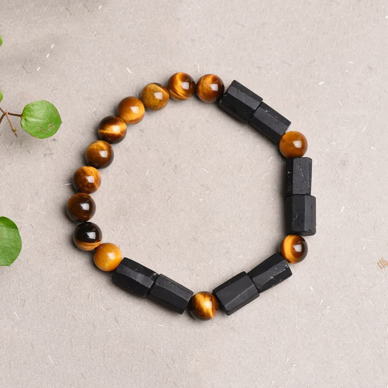 Foviel Natürliche schwarze Turmalin Tigerauge positives Armband