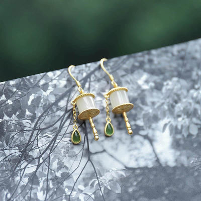 Buddha Stones 925 Sterling Silver Jade Prayer Wheel Luck Drop Earrings Earrings BS 5