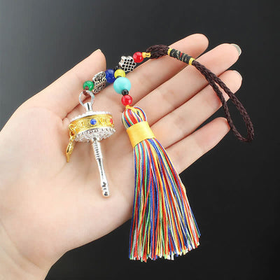 Buddha Stones Tibet Om Mani Padme Hum Prayer Wheel Tassel Bag Car Hanging Decoration Car Hanging Decoration BS 11
