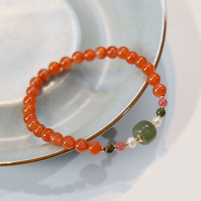Buddha Stones Natural Red Agate Hetian Jade Bead Confidence Calm Bracelet Bracelet BS Red Agate(Wrist Circumference 14-16cm)