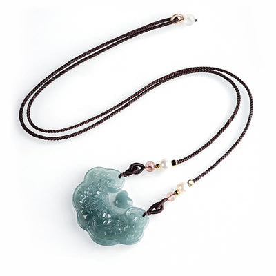 Buddha Stones Natural Jade Peony Flower Lock of Good Wishes Prosperity Necklace Pendant Necklaces & Pendants BS 6
