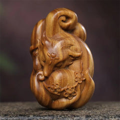 Buddha Stones Mini Nine-Tailed Fox Green Sandalwood Peace Decoration Car Hanging Decoration Decorations BS Large Green Sandalwood Nine-Tailed Fox 6.8*4.1*2.9cm