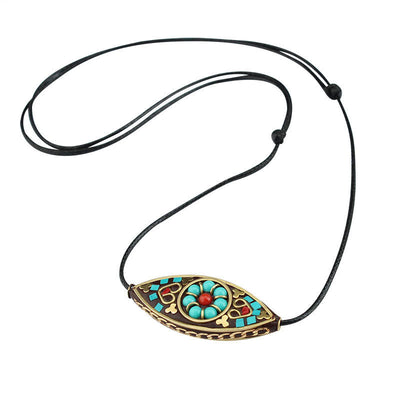 Buddha Stones Tibet Turquoise Bead Marquise Pattern Protection Strength Necklace Pendant Necklaces & Pendants BS 11