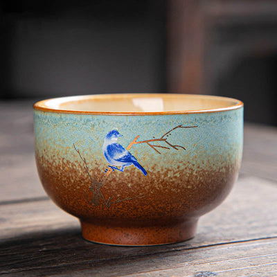 Buddha Stones Colorful Deer Pipa Snow Plum Blossoms Mountains Rivers Bird Ceramic Teacup Kung Fu Tea Cup Bowl Cup BS 7cm*4.5cm*100ml Blue Bird