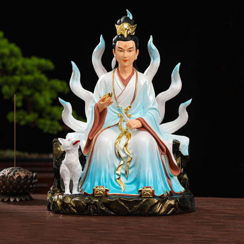 Buddha Stones Nine Tailed Fox Fairy Luck Protection Resin Home Decoration Decorations BS Blue Male Nine-Tailed Fox