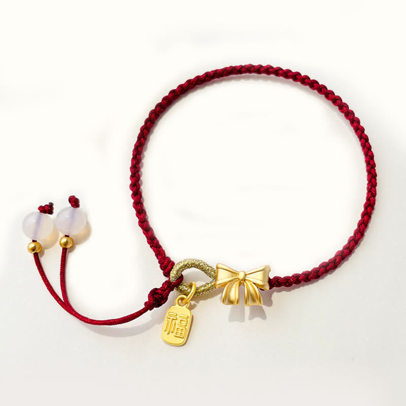 Buddha Stones Handmade Peach Blossom Rosette Bow Knot Fu Character Charm Luck Fortune Red Rope Bracelet Bracelet BS Bow Knot(Wrist Circumference 14-17cm)
