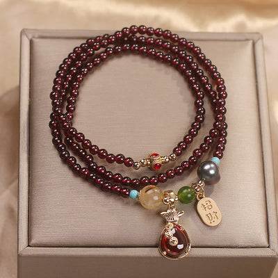 Buddha Stones Multi Layered Natural Garnet Jade Coin Money Bag Attracting Wealth Protection Bracelet Bracelet BS 2