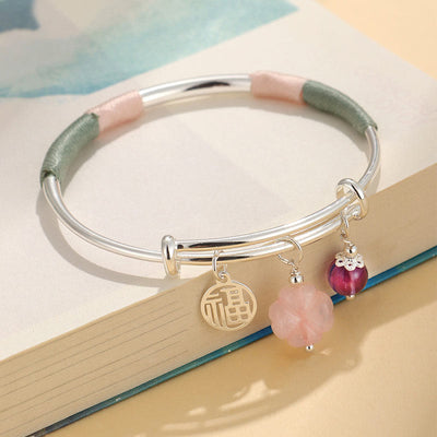 Buddha Stones Pink Crystal Peace Buckle Lucky Flower Love Bracelet Bangle Bracelet Bangle BS Pink Crystal Flower(Inner Diameter: 56-60mm)