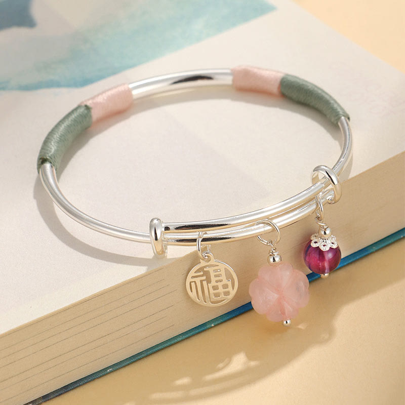 Buddha Stones Pink Crystal Peace Buckle Lucky Flower Love Bracelet Bangle Bracelet Bangle BS Pink Crystal Flower(Inner Diameter: 56-60mm)
