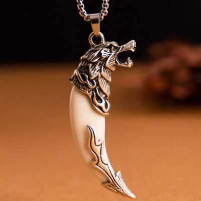Buddha Stones Imitation Wolf Tooth Titanium Steel Balance Necklace Pendant Necklaces & Pendants BS White Imitation Wolf Tooth Snake Bone Chain