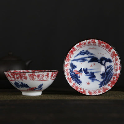 Buddha Stones Flowers Fu Character Mountains Lotus Cherry Blossoms Ceramic Teacup Kung Fu Tea Cup Cup BS Red Peach Flowers Blue Mountain Pine Tree 8.5cm*4cm*90ml
