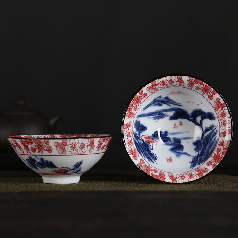 Buddha Stones Flowers Fu Character Mountains Lotus Cherry Blossoms Ceramic Teacup Kung Fu Tea Cup Cup BS Red Peach Flowers Blue Mountain Pine Tree 8.5cm*4cm*90ml